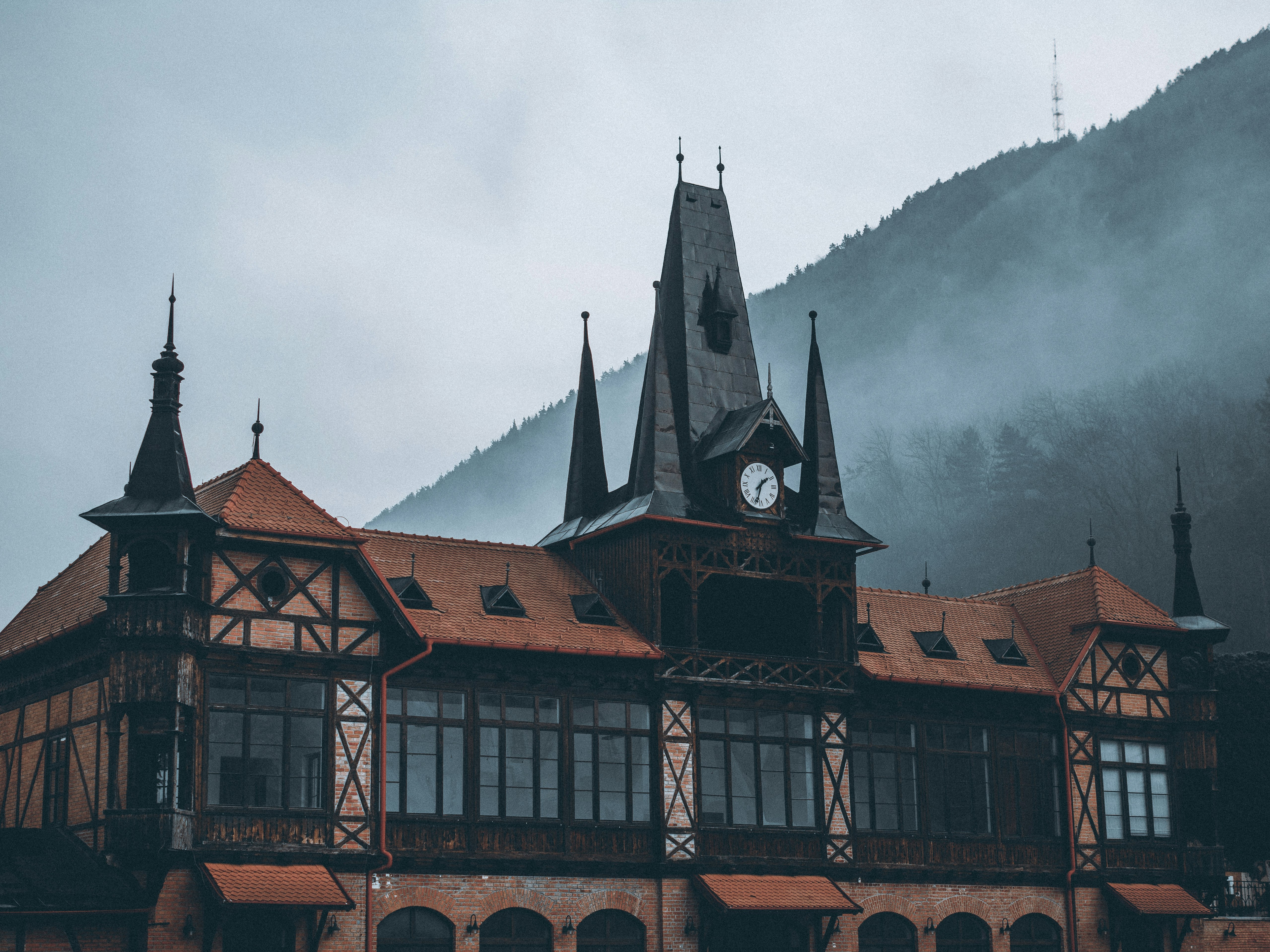 brown and black concrete building under white clouds